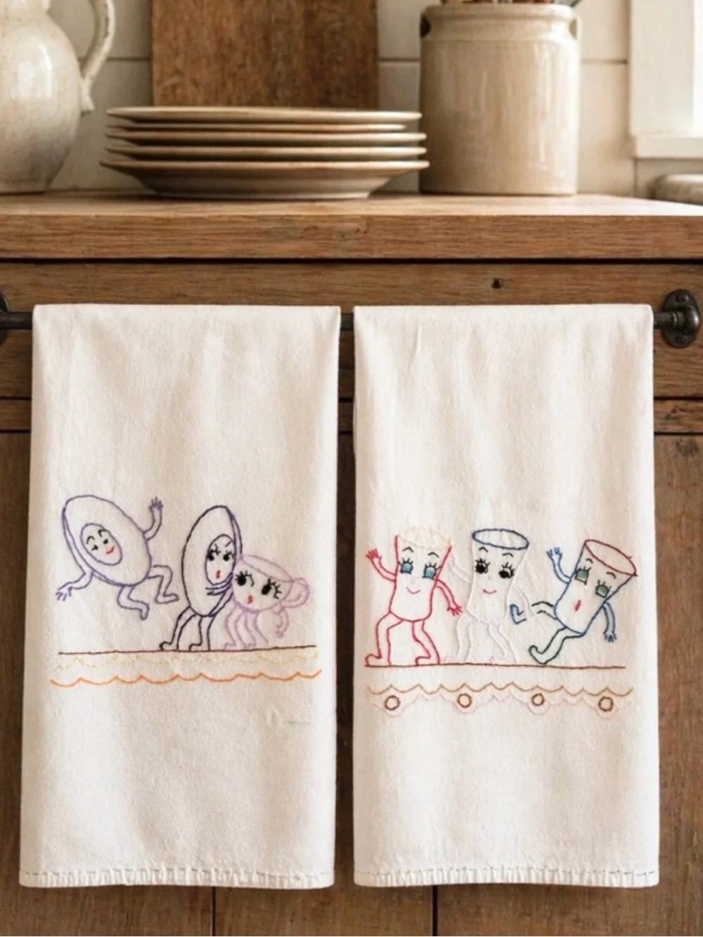 2 Vintage Embroidered Kitschy Dish Towels. Humpty Dumpty | Hand Stitched | 35x19